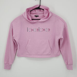 BEBE Pink Hoodie Sweatshirt Cropped Large Pullover Embellished Logo Y2K 90S